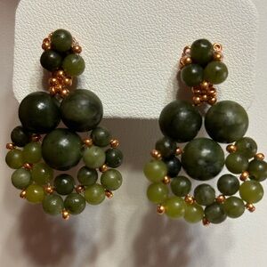 Hand crafted beaded natural Chinese jade post earrings with gold tone accents
